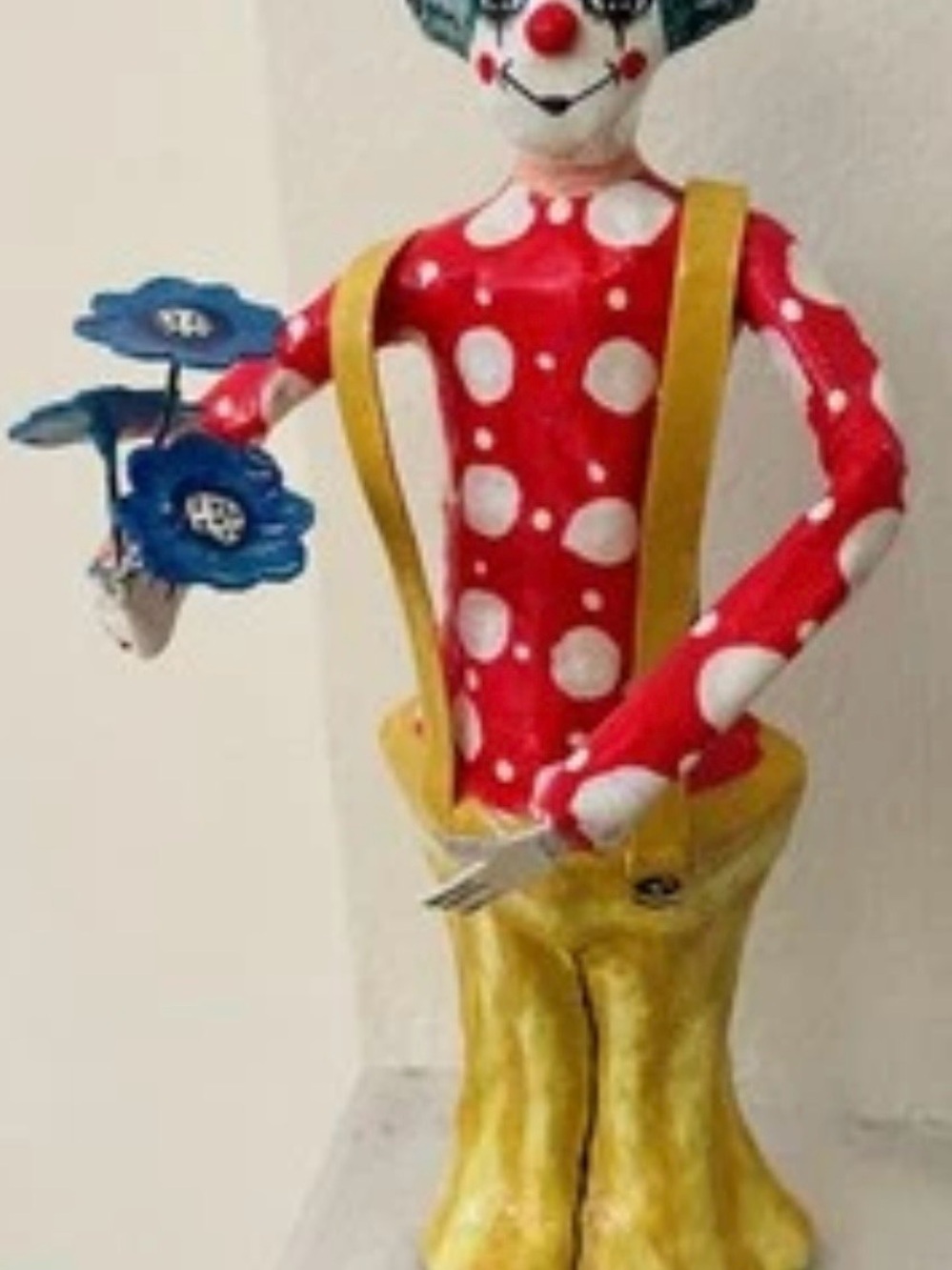 Vintage-handmade-collectible-paper mache +metal-clown with flowers-Mexican